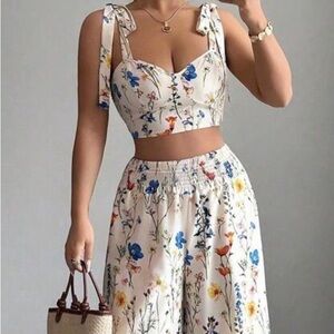Floral Wide-Leg Pants - White with Blue and Orange Accents